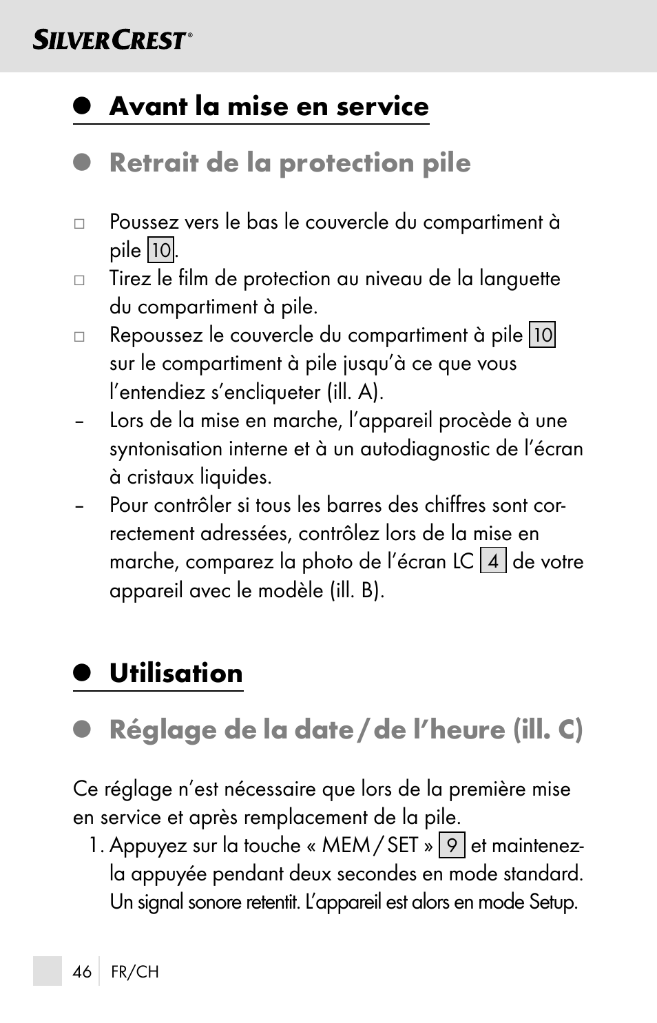 Avant la mise en service, Retrait de la protection pile, Utilisation | Réglage de la date / de l’heure (ill. c) | Silvercrest SSOT 6 B2 User Manual | Page 46 / 125