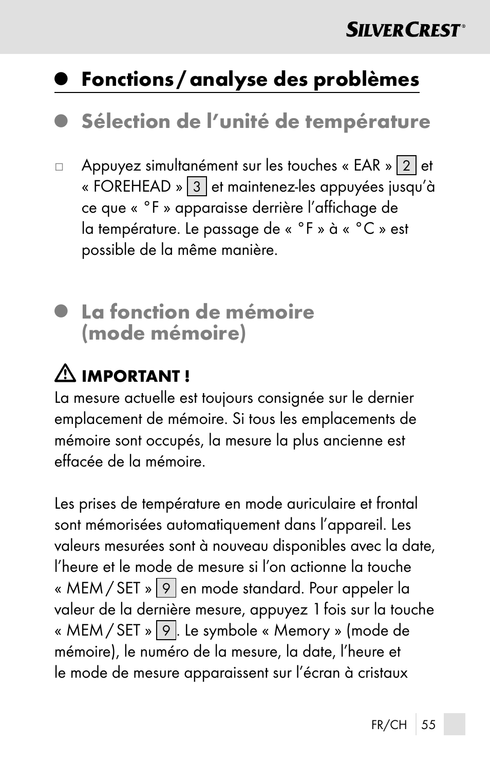 Fonctions / analyse des problèmes, Sélection de l’unité de température, La fonction de mémoire (mode mémoire) | Silvercrest SSOT 6 B2 User Manual | Page 55 / 125