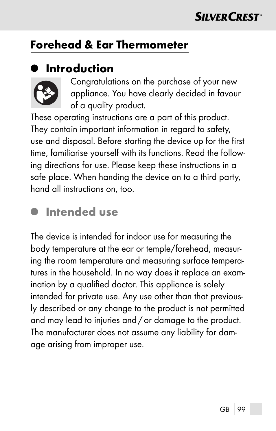 Forehead & ear thermometer, Introduction, Intended use | Silvercrest SSOT 6 B2 User Manual | Page 99 / 125