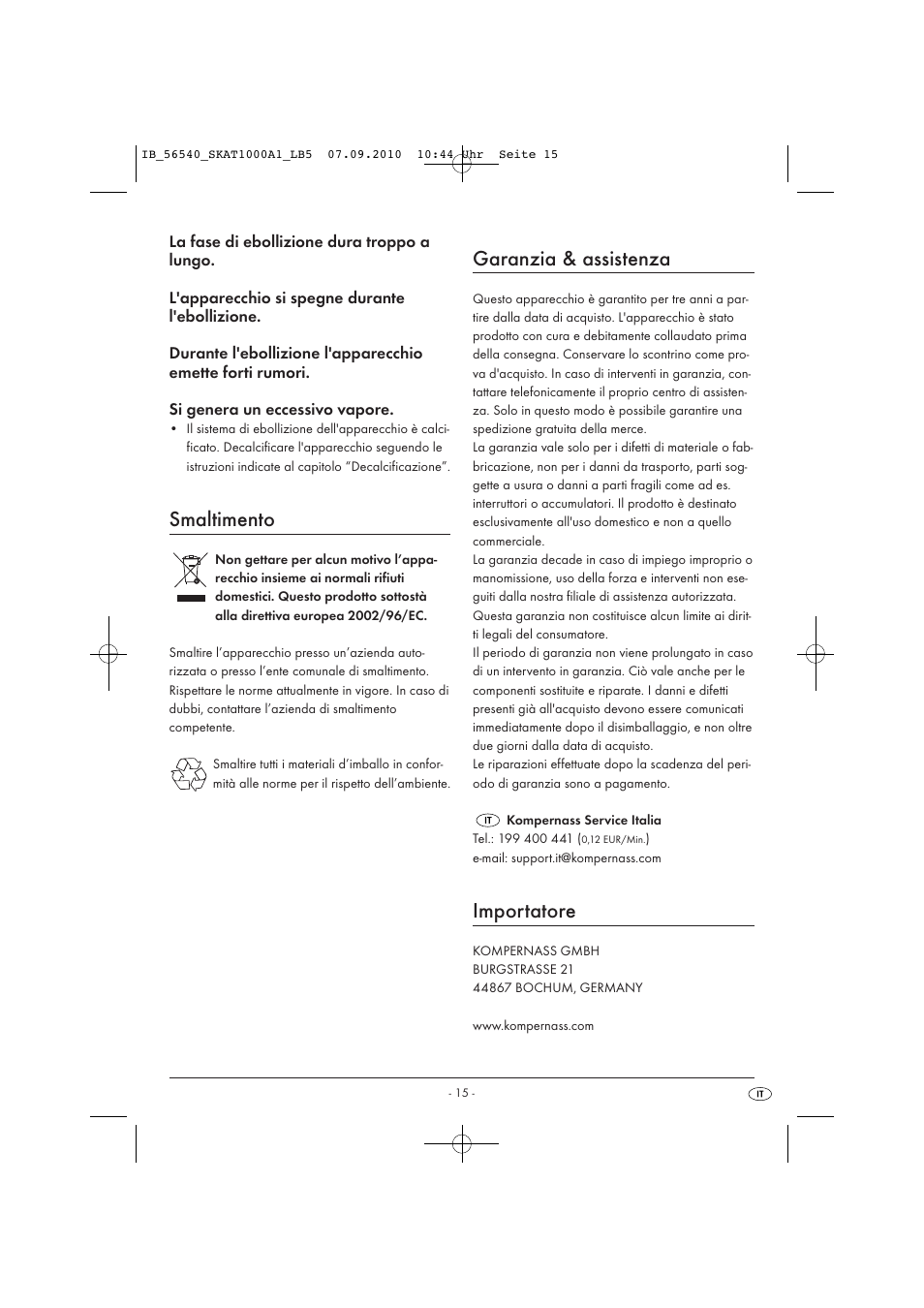 Smaltimento, Garanzia & assistenza, Importatore | Silvercrest SKAT 1000 A1 User Manual | Page 17 / 41