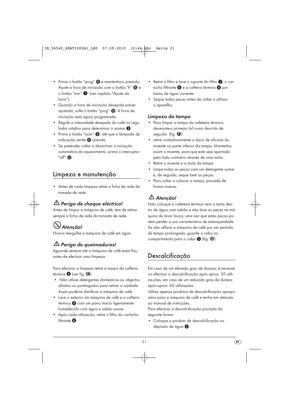 Limpeza e manutenção, Descalcificação, Perigo de choque eléctrico | Atenção, Perigo de queimaduras, Limpeza da tampa | Silvercrest SKAT 1000 A1 User Manual | Page 23 / 41