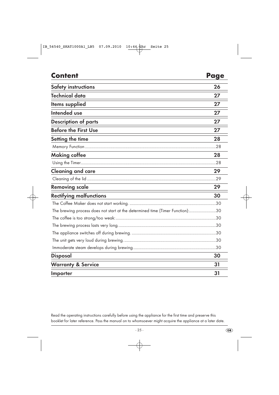 Content page | Silvercrest SKAT 1000 A1 User Manual | Page 27 / 41