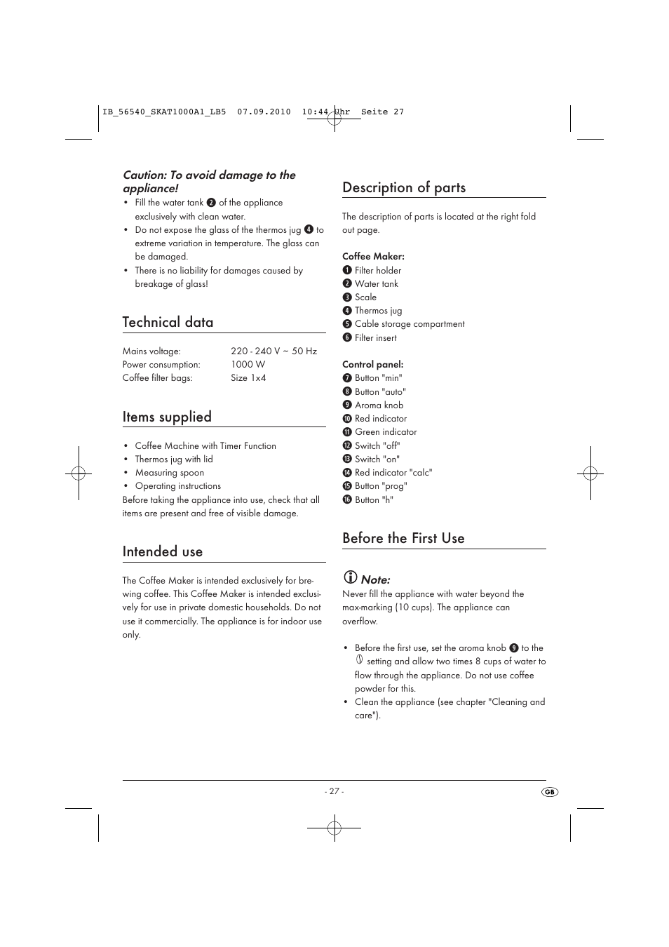Technical data, Items supplied, Intended use | Description of parts, Before the first use | Silvercrest SKAT 1000 A1 User Manual | Page 29 / 41