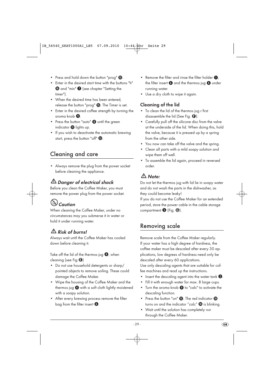 Cleaning and care, Removing scale, Danger of electrical shock | Caution, Risk of burns, Cleaning of the lid | Silvercrest SKAT 1000 A1 User Manual | Page 31 / 41