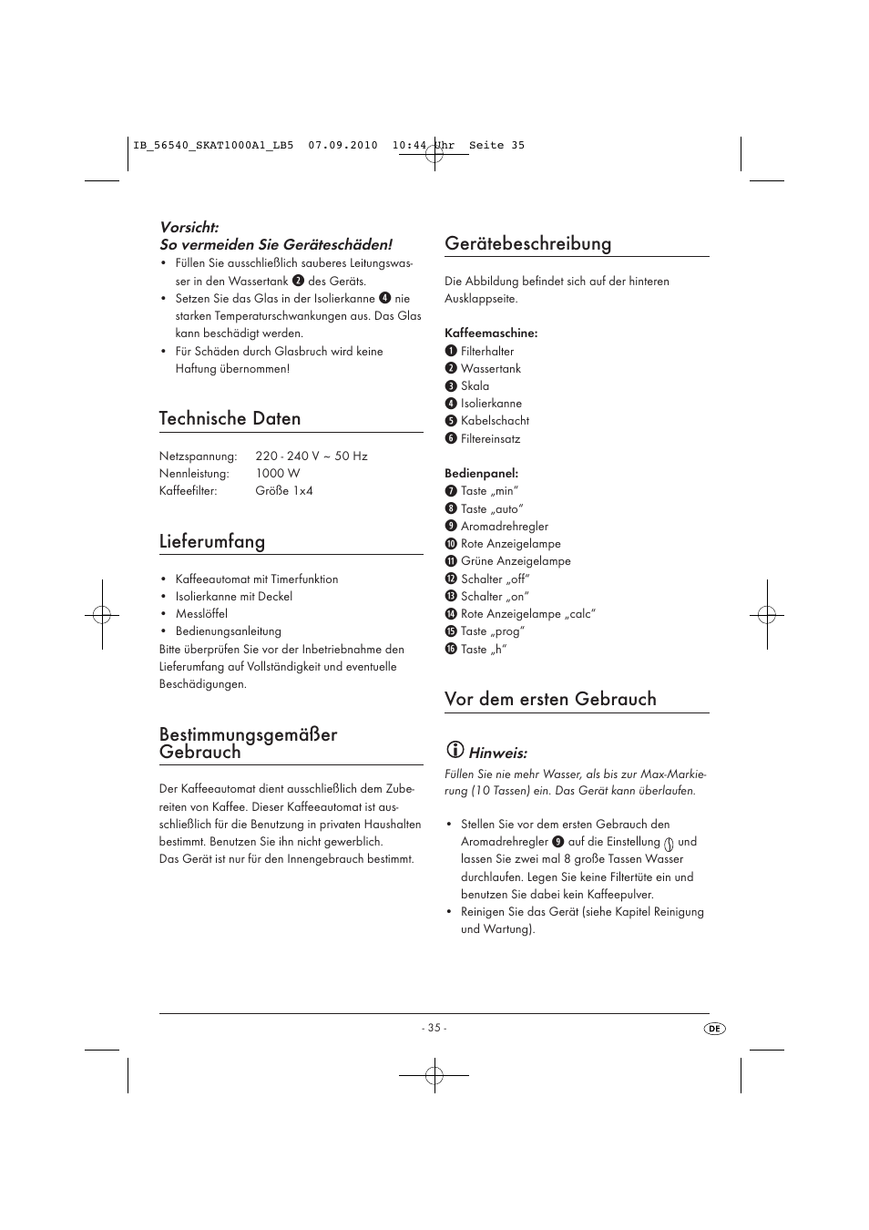 Technische daten, Lieferumfang, Bestimmungsgemäßer gebrauch | Gerätebeschreibung, Vor dem ersten gebrauch | Silvercrest SKAT 1000 A1 User Manual | Page 37 / 41