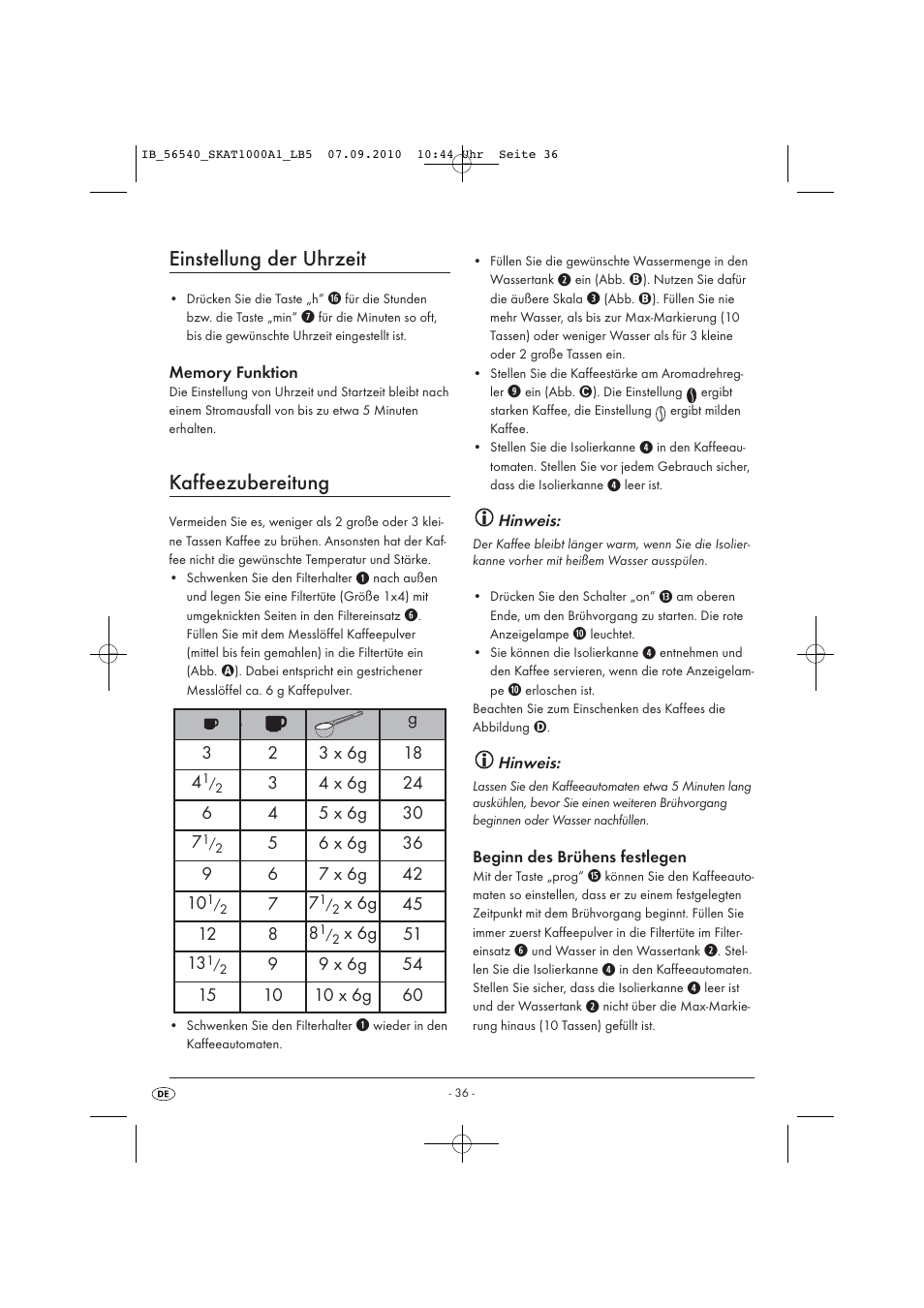 Einstellung der uhrzeit, Kaffeezubereitung | Silvercrest SKAT 1000 A1 User Manual | Page 38 / 41