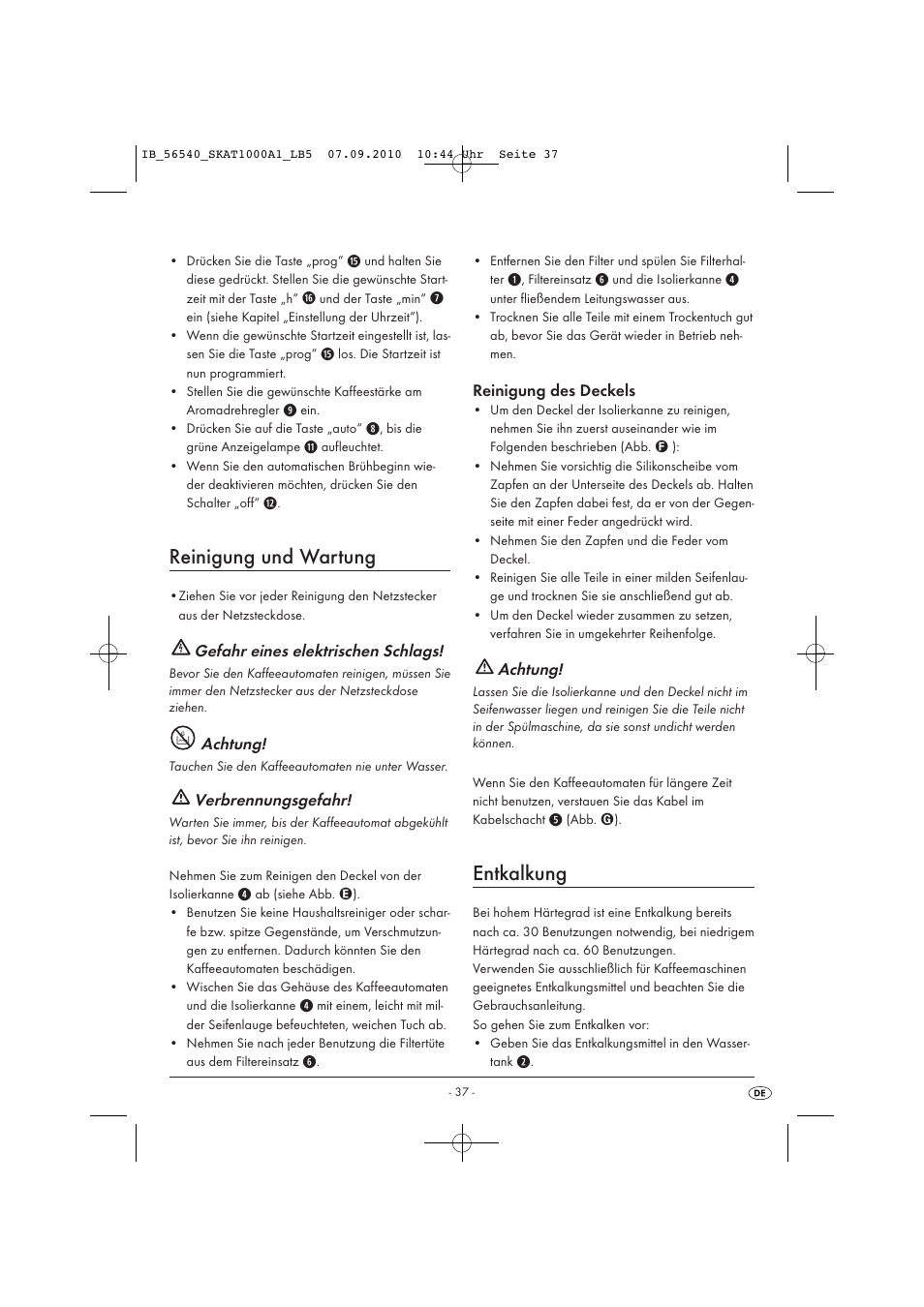 Reinigung und wartung, Entkalkung, Gefahr eines elektrischen schlags | Achtung, Verbrennungsgefahr, Reinigung des deckels | Silvercrest SKAT 1000 A1 User Manual | Page 39 / 41