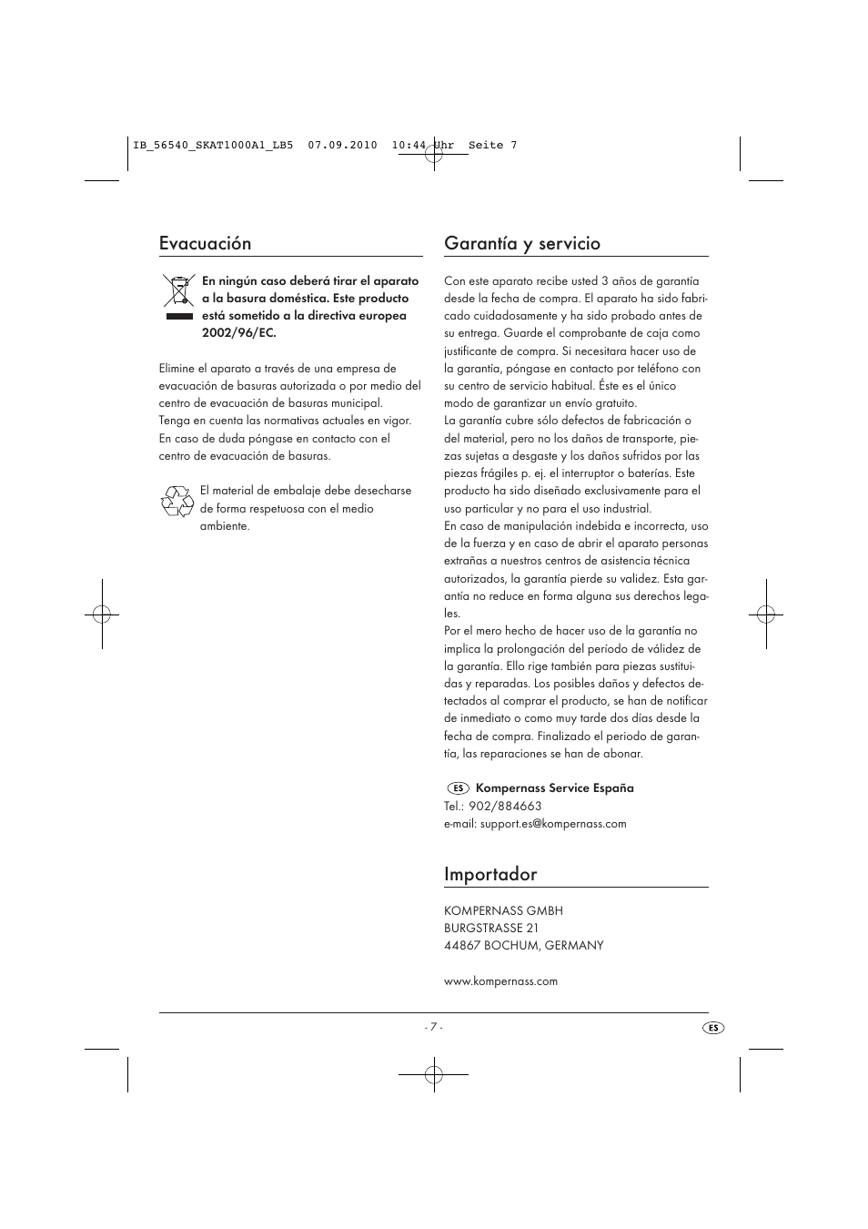 Evacuación, Garantía y servicio, Importador | Silvercrest SKAT 1000 A1 User Manual | Page 9 / 41
