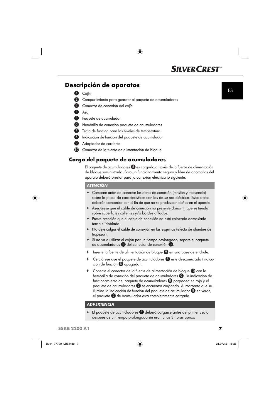 Descripción de aparatos, Carga del paquete de acumuladores | Silvercrest SSKB 2200 A1 User Manual | Page 10 / 52