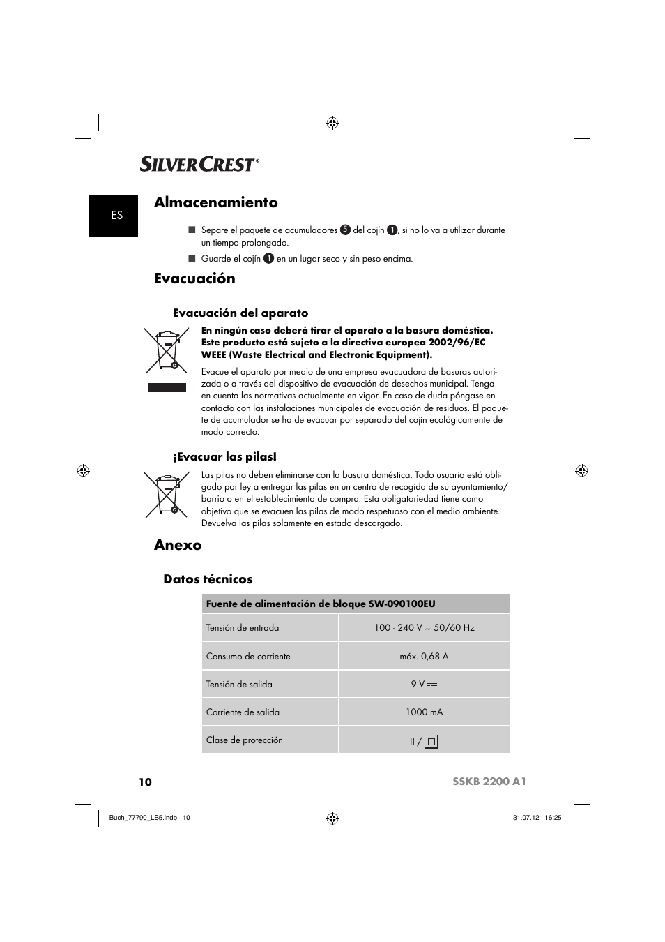 Almacenamiento, Evacuación, Anexo | Datos técnicos, Evacuación del aparato, Evacuar las pilas | Silvercrest SSKB 2200 A1 User Manual | Page 13 / 52