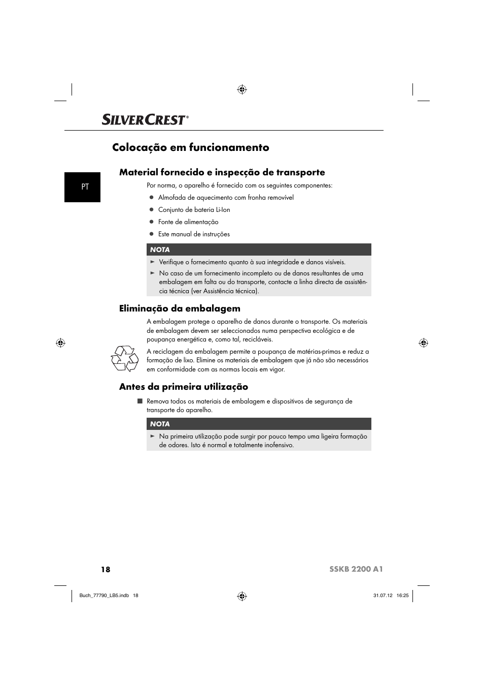 Colocação em funcionamento, Material fornecido e inspecção de transporte, Eliminação da embalagem | Antes da primeira utilização | Silvercrest SSKB 2200 A1 User Manual | Page 21 / 52