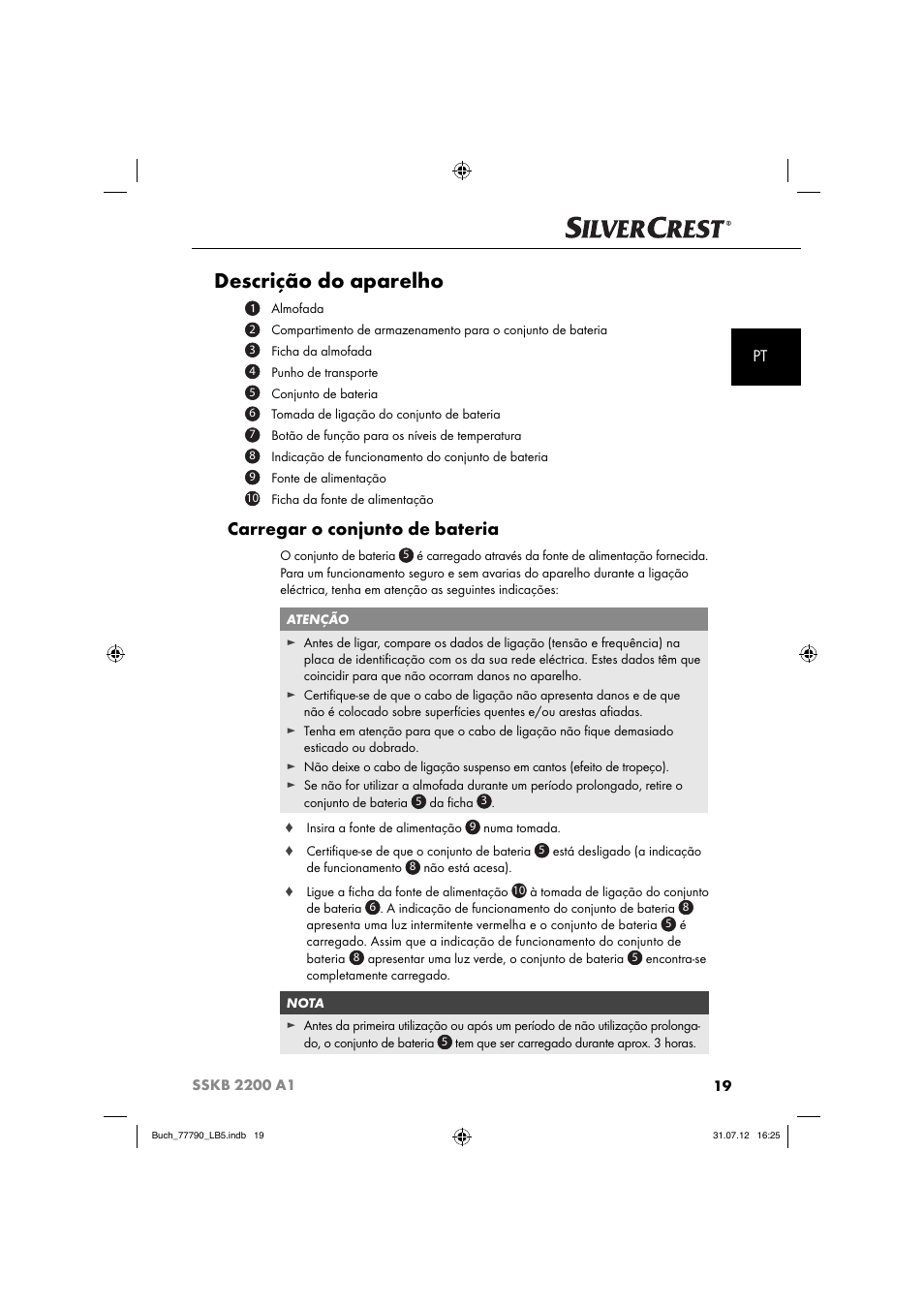 Descrição do aparelho, Carregar o conjunto de bateria | Silvercrest SSKB 2200 A1 User Manual | Page 22 / 52