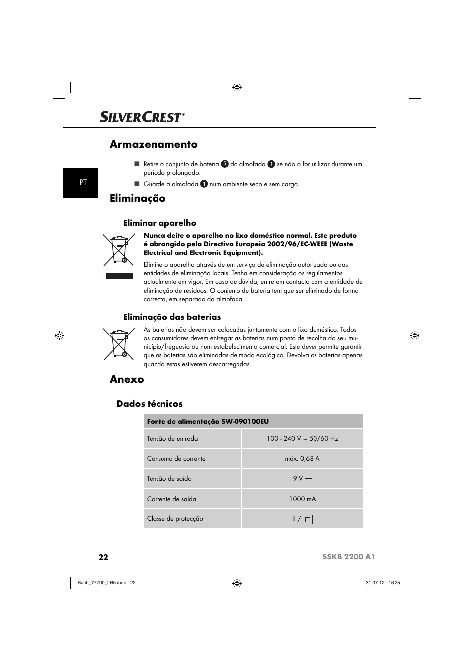 Armazenamento, Eliminação, Anexo | Dados técnicos, Eliminar aparelho, Eliminação das baterias | Silvercrest SSKB 2200 A1 User Manual | Page 25 / 52