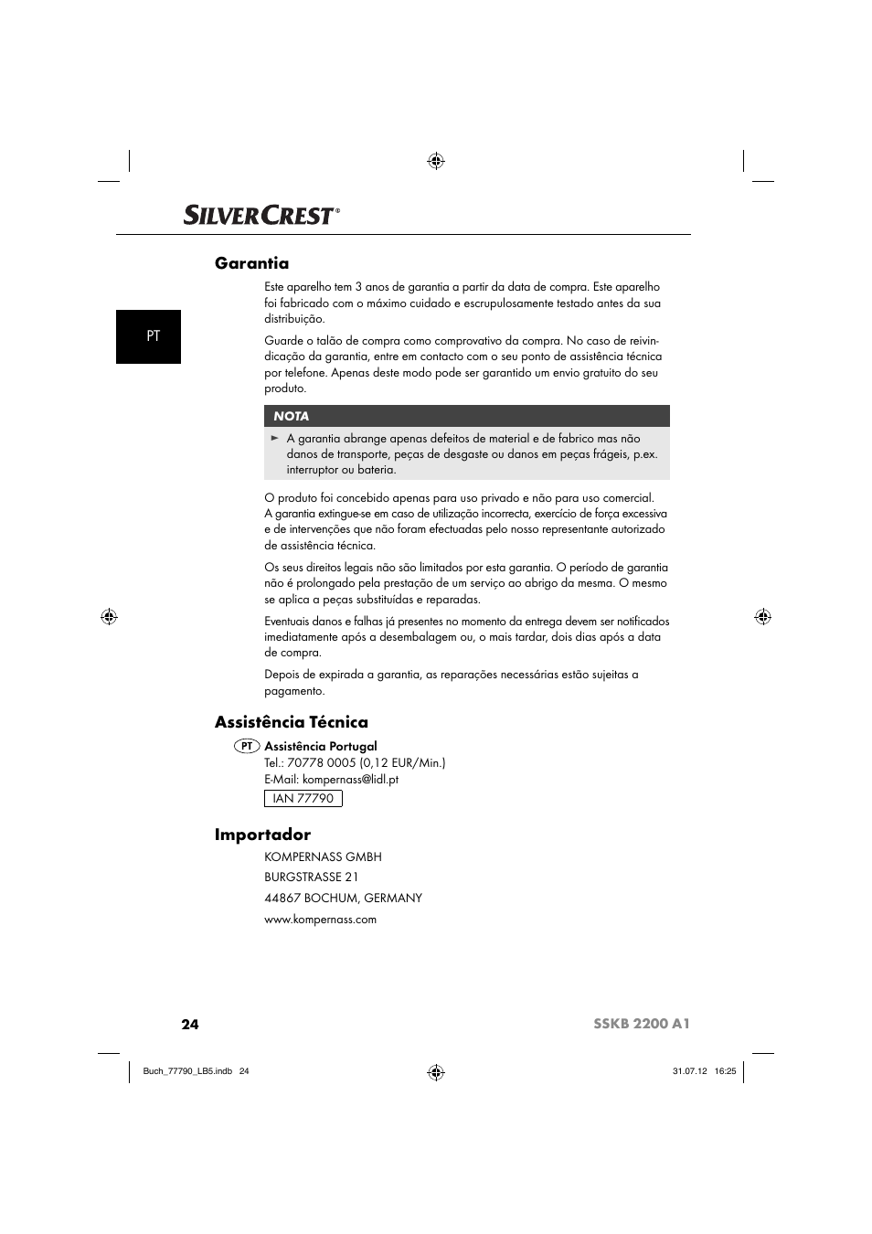 Garantia, Assistência técnica, Importador | Silvercrest SSKB 2200 A1 User Manual | Page 27 / 52