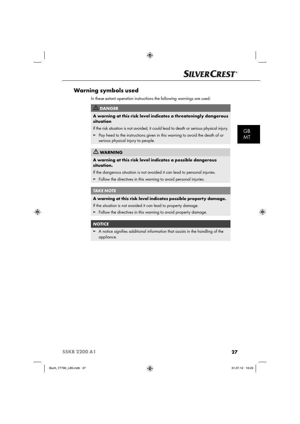 Warning symbols used, Gb mt | Silvercrest SSKB 2200 A1 User Manual | Page 30 / 52