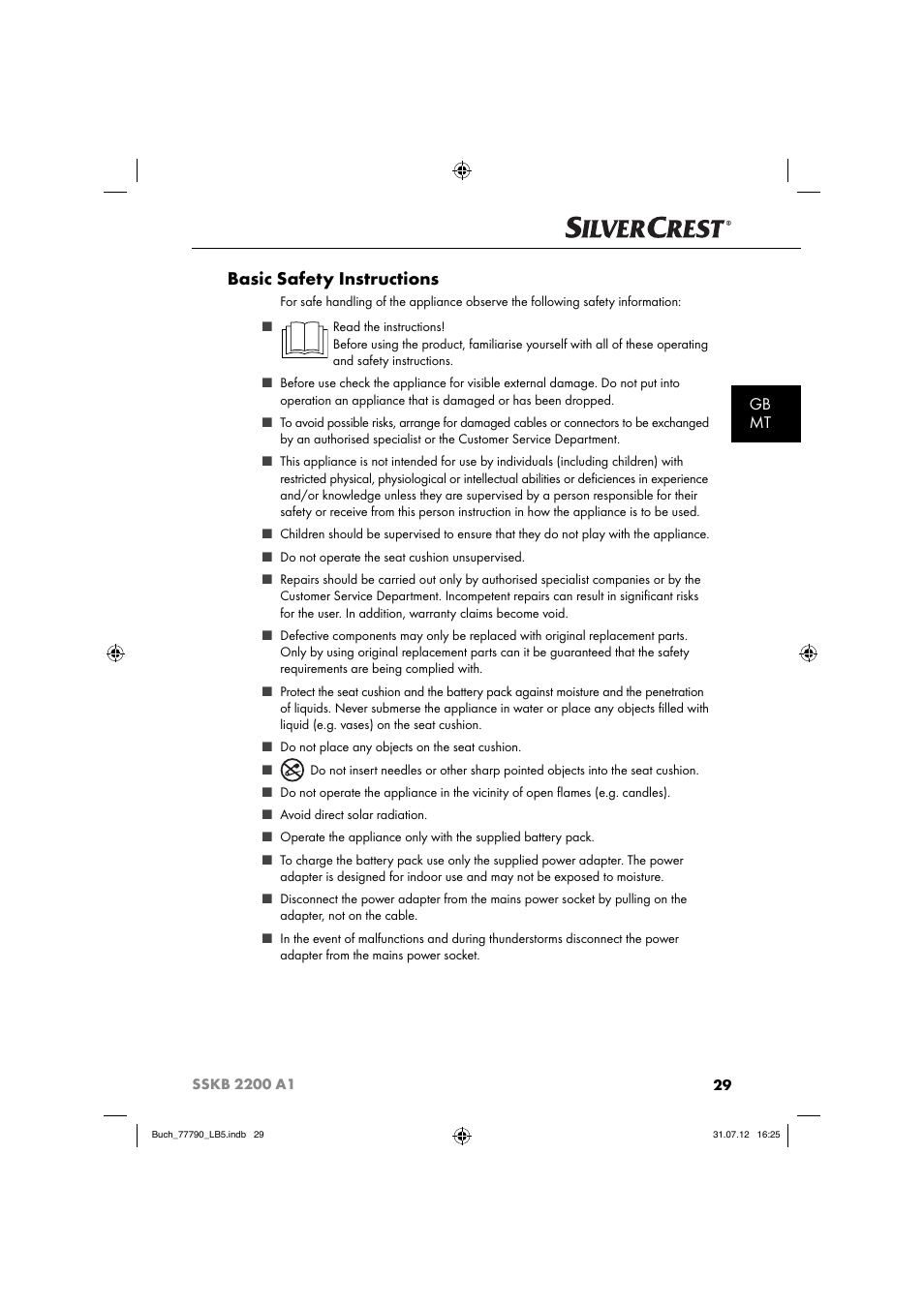 Basic safety instructions, Gb mt | Silvercrest SSKB 2200 A1 User Manual | Page 32 / 52