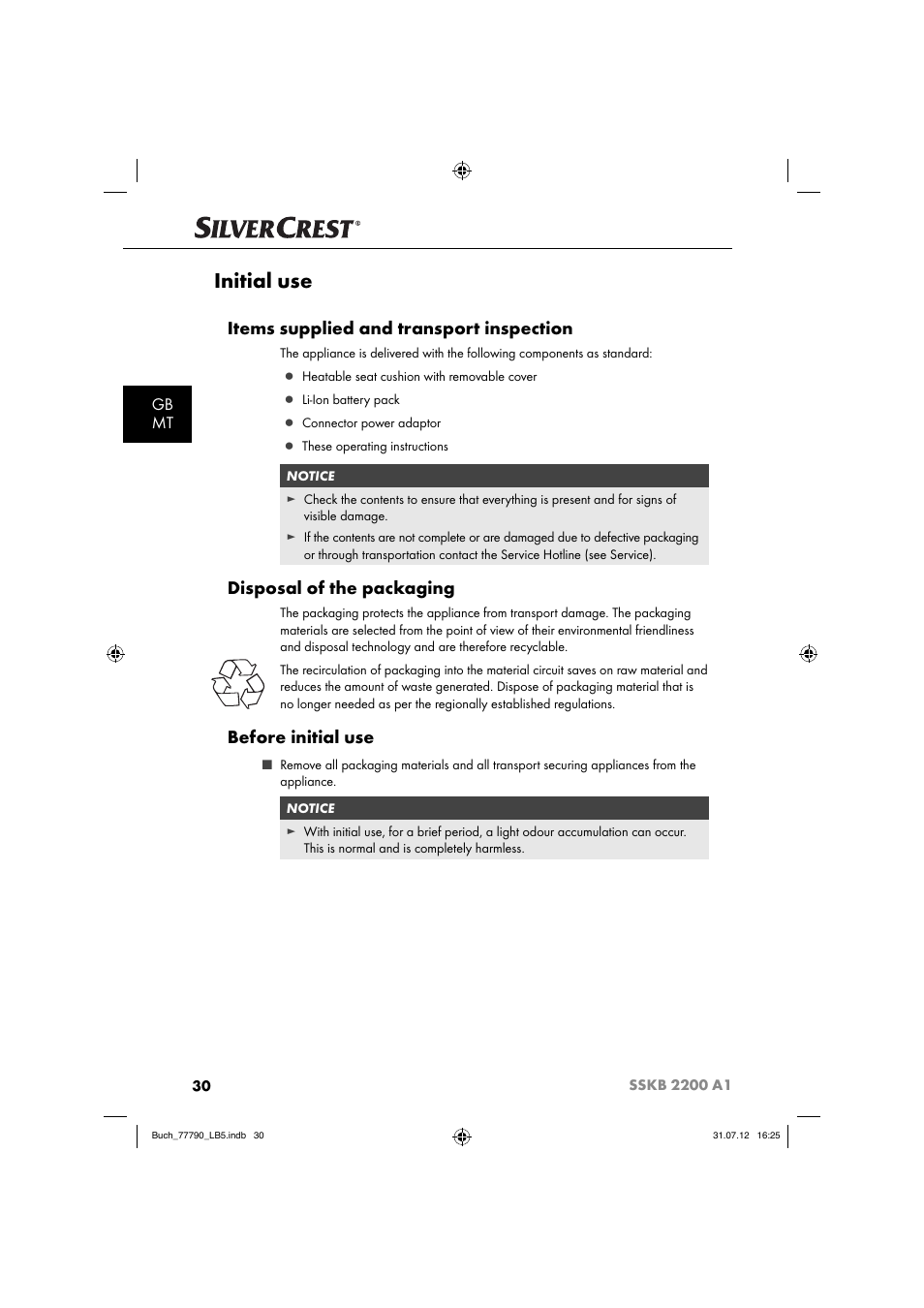 Initial use, Items supplied and transport inspection, Disposal of the packaging | Before initial use, Gb mt | Silvercrest SSKB 2200 A1 User Manual | Page 33 / 52