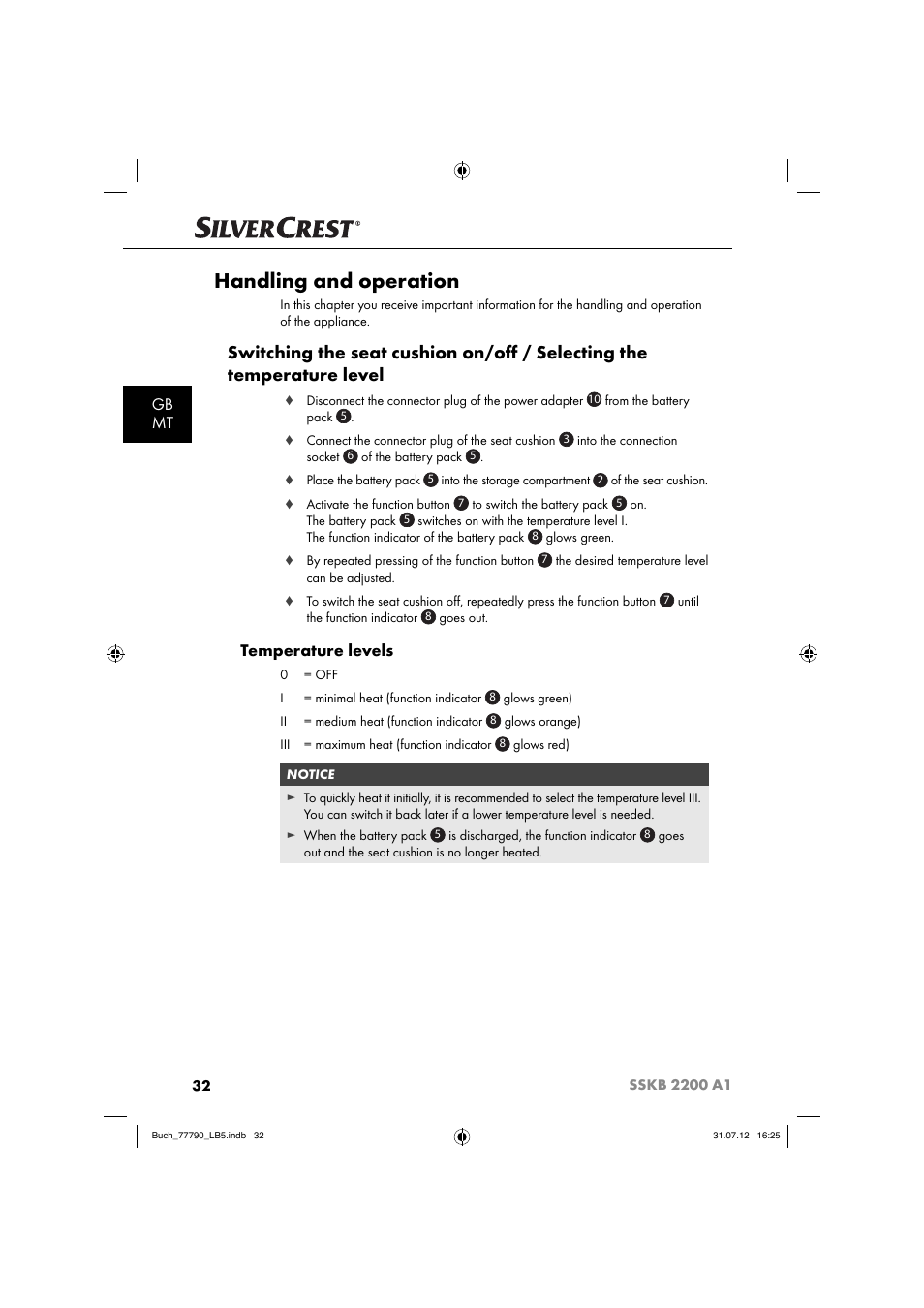 Handling and operation, Gb mt, Temperature levels | Silvercrest SSKB 2200 A1 User Manual | Page 35 / 52