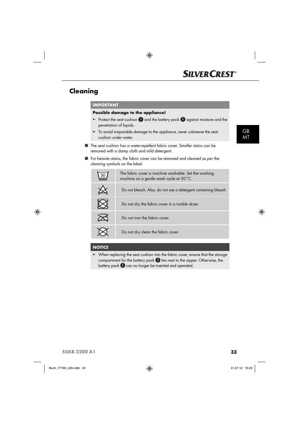 Cleaning, Gb mt | Silvercrest SSKB 2200 A1 User Manual | Page 36 / 52