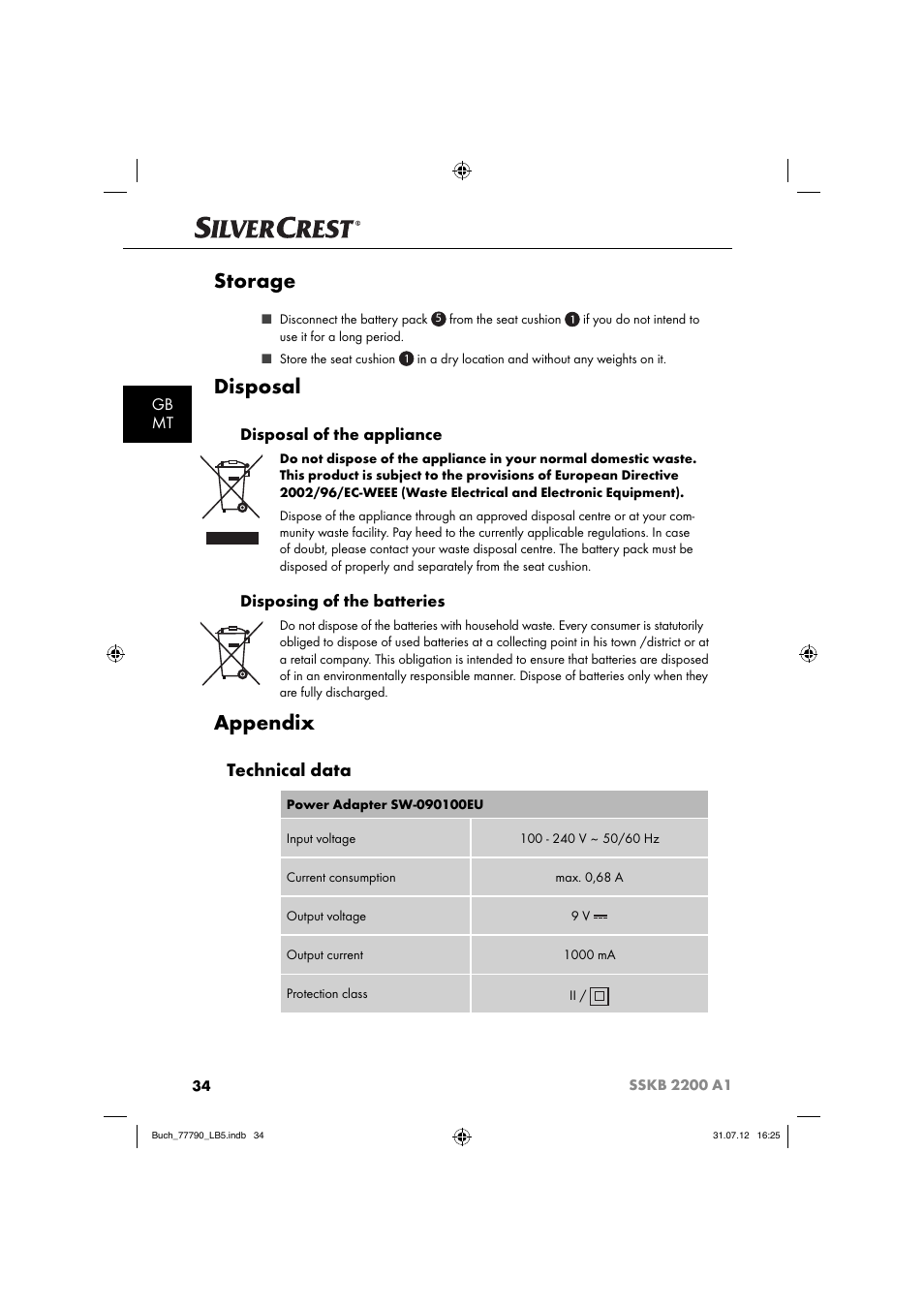 Storage, Disposal, Appendix | Technical data, Gb mt, Disposal of the appliance, Disposing of the batteries | Silvercrest SSKB 2200 A1 User Manual | Page 37 / 52
