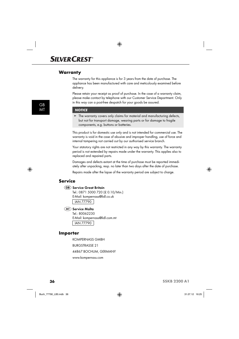 Warranty, Service, Importer | Gb mt | Silvercrest SSKB 2200 A1 User Manual | Page 39 / 52