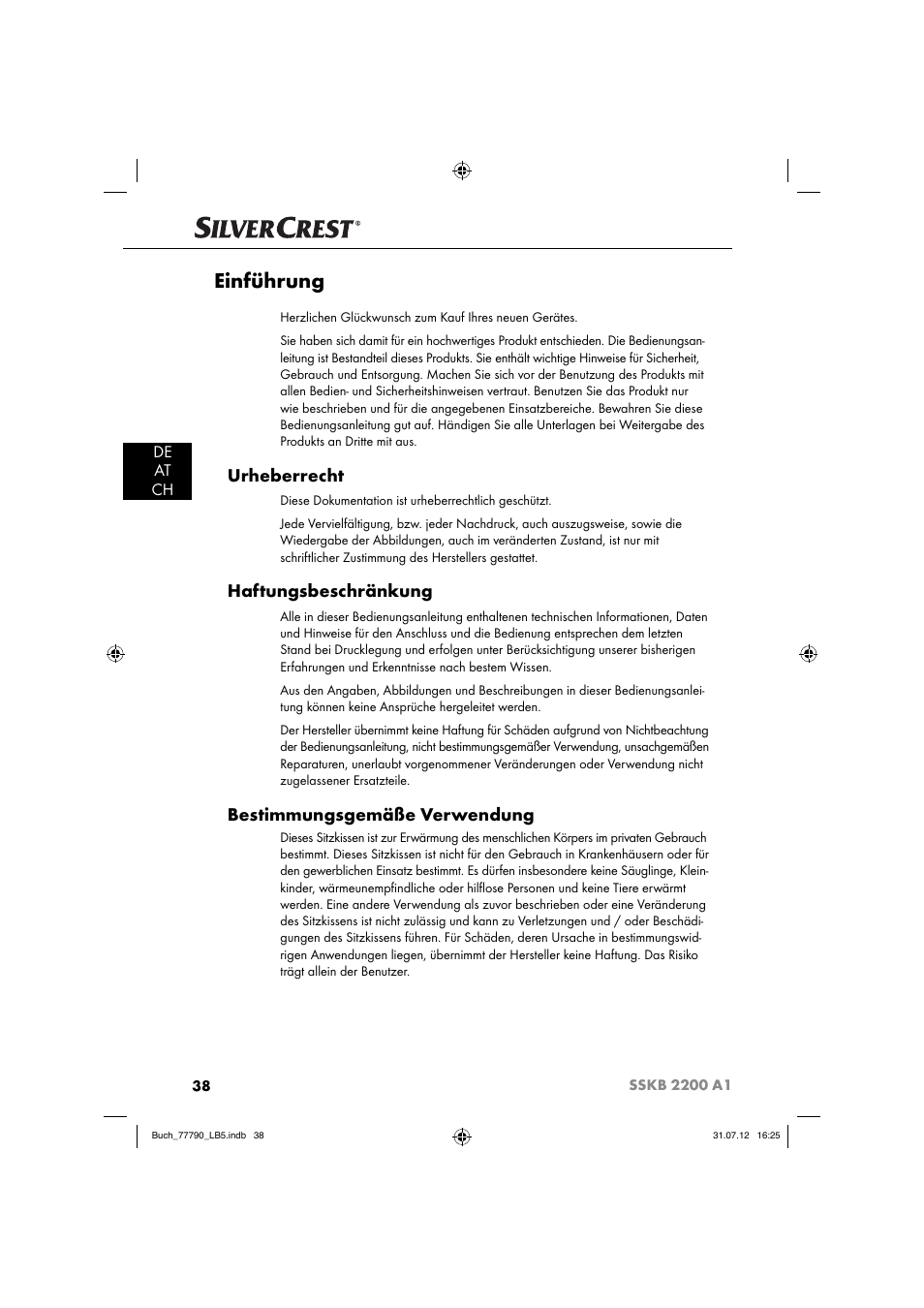 Einführung, Urheberrecht, Haftungsbeschränkung | Bestimmungsgemäße verwendung, De at ch | Silvercrest SSKB 2200 A1 User Manual | Page 41 / 52