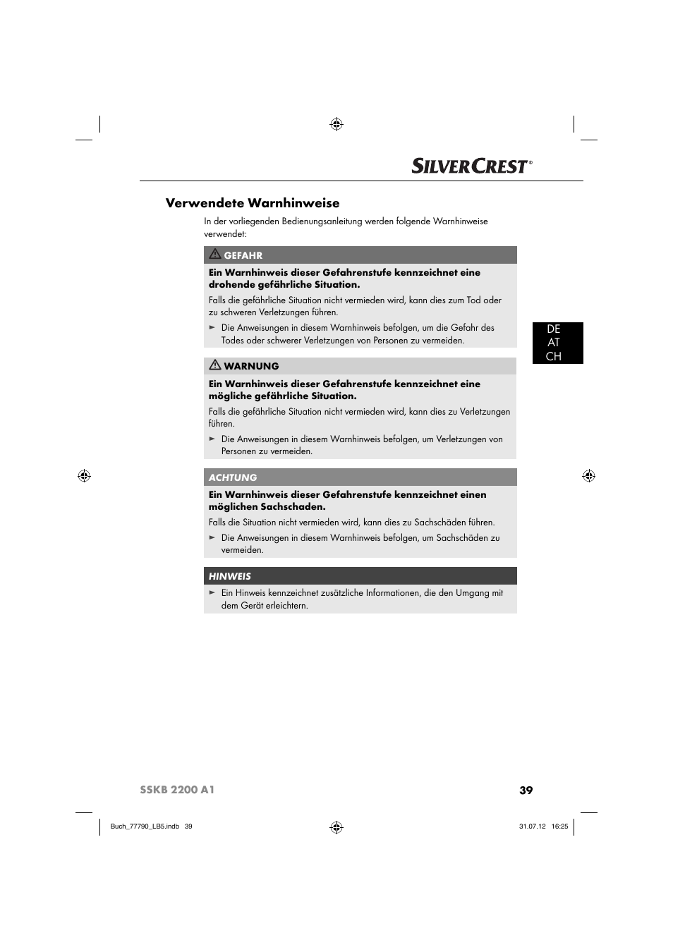 Verwendete warnhinweise, De at ch | Silvercrest SSKB 2200 A1 User Manual | Page 42 / 52