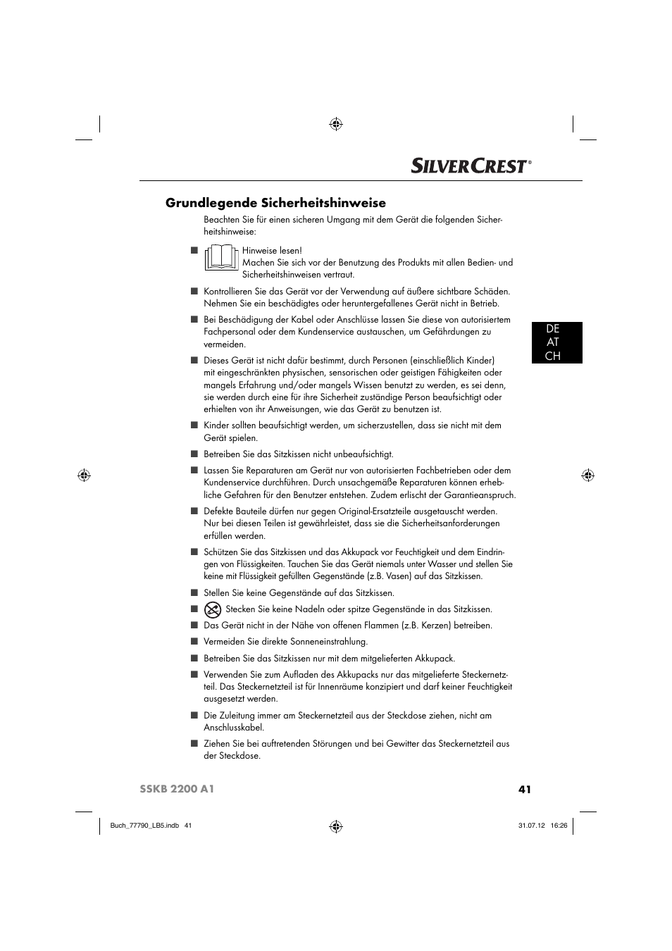 Grundlegende sicherheitshinweise, De at ch | Silvercrest SSKB 2200 A1 User Manual | Page 44 / 52