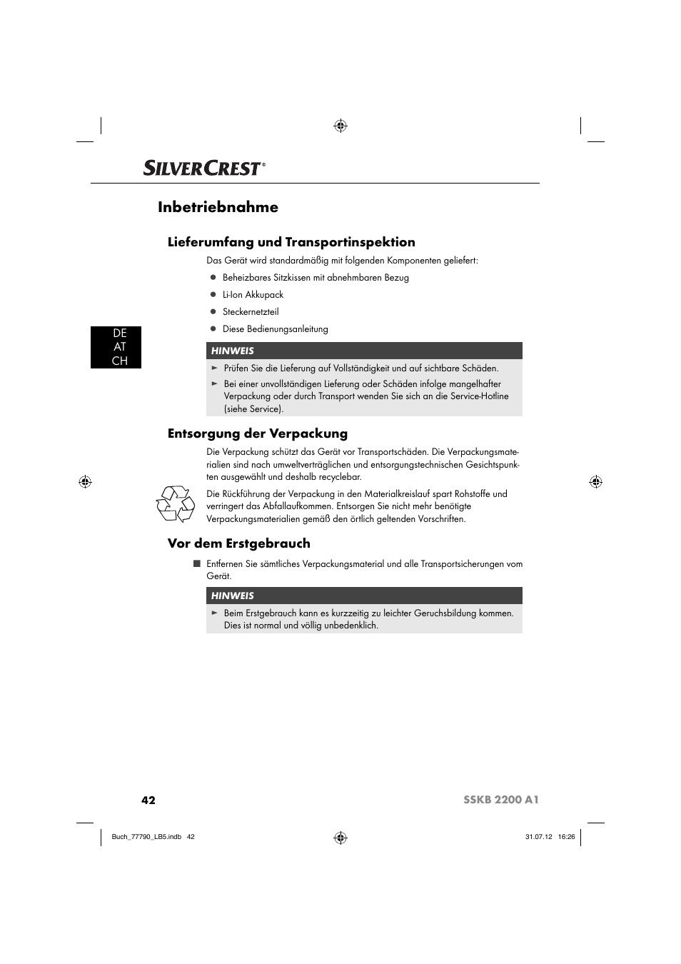 Inbetriebnahme, Lieferumfang und transportinspektion, Entsorgung der verpackung | Vor dem erstgebrauch, De at ch | Silvercrest SSKB 2200 A1 User Manual | Page 45 / 52