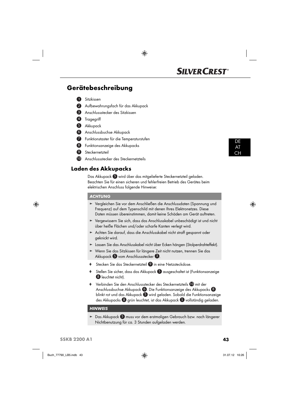 Gerätebeschreibung, Laden des akkupacks, De at ch | Silvercrest SSKB 2200 A1 User Manual | Page 46 / 52