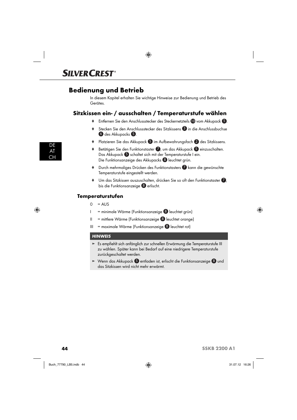 Bedienung und betrieb, De at ch, Temperaturstufen | Silvercrest SSKB 2200 A1 User Manual | Page 47 / 52