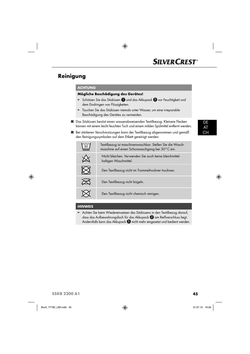 Reinigung, De at ch | Silvercrest SSKB 2200 A1 User Manual | Page 48 / 52