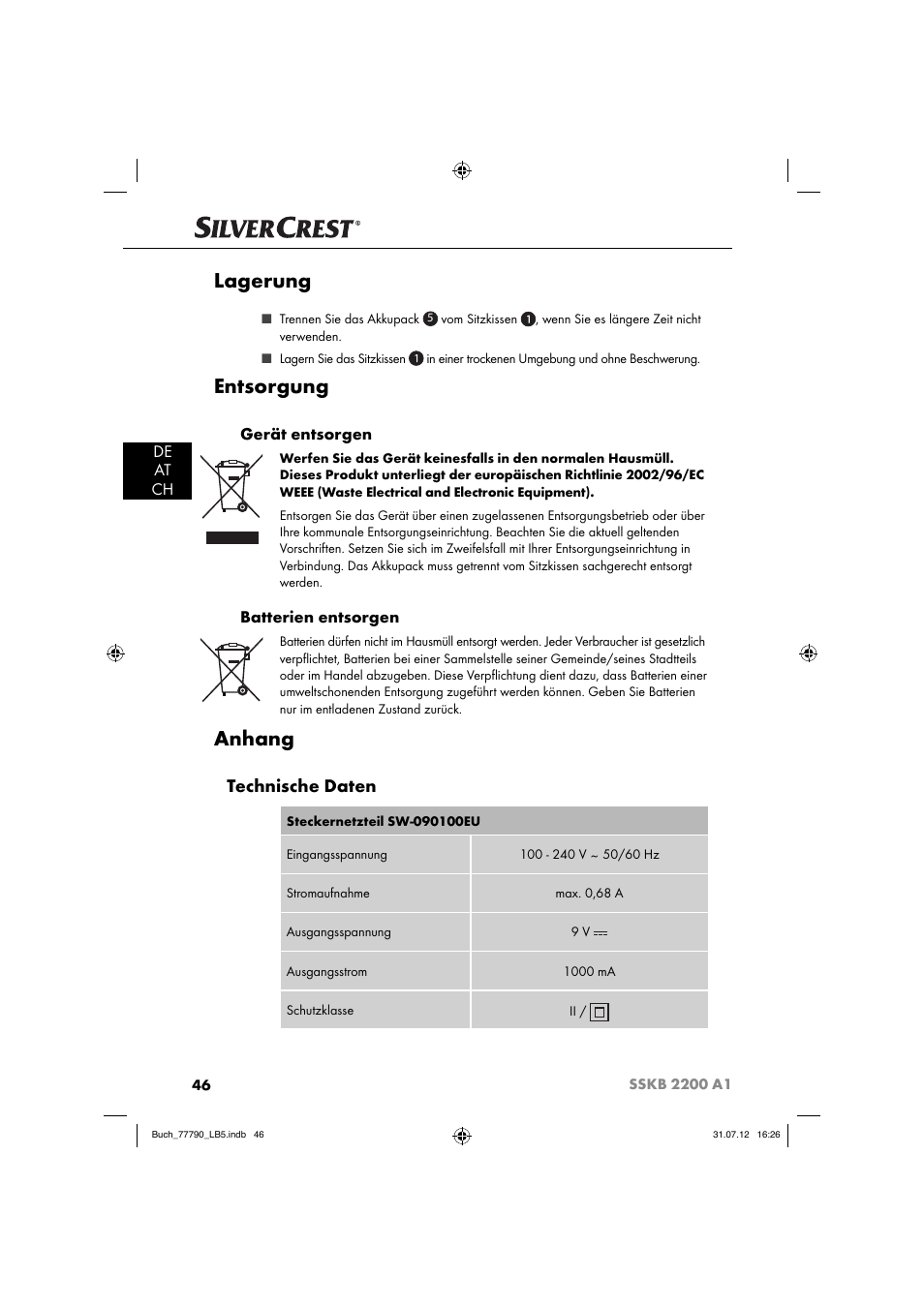 Lagerung, Entsorgung, Anhang | Technische daten, De at ch, Gerät entsorgen, Batterien entsorgen | Silvercrest SSKB 2200 A1 User Manual | Page 49 / 52