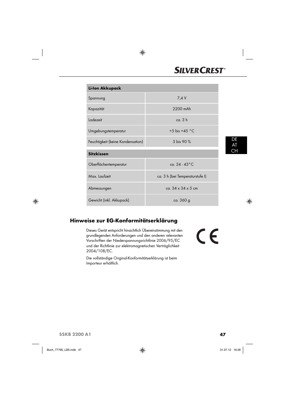 Hinweise zur eg-konformitätserklärung, De at ch | Silvercrest SSKB 2200 A1 User Manual | Page 50 / 52