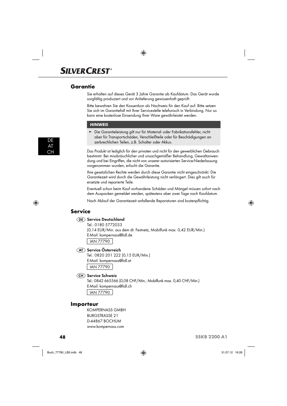 Garantie, Service, Importeur | De at ch | Silvercrest SSKB 2200 A1 User Manual | Page 51 / 52