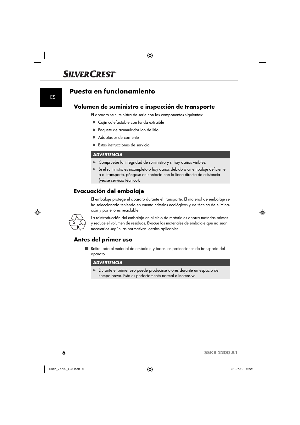 Puesta en funcionamiento, Volumen de suministro e inspección de transporte, Evacuación del embalaje | Antes del primer uso | Silvercrest SSKB 2200 A1 User Manual | Page 9 / 52