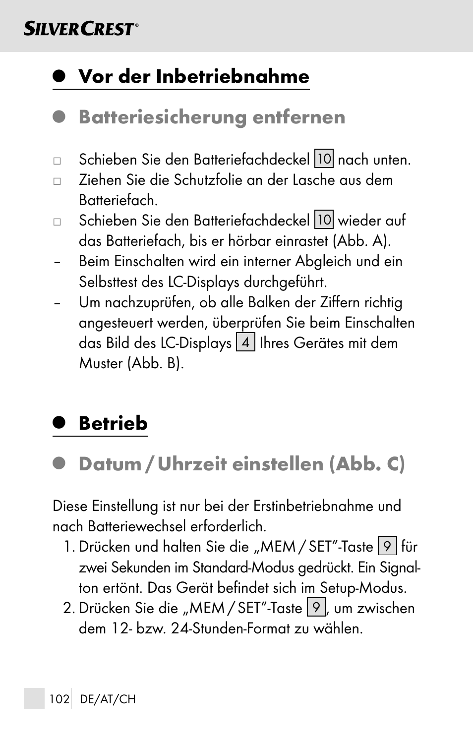 Vor der inbetriebnahme, Batteriesicherung entfernen, Betrieb | Datum / uhrzeit einstellen (abb. c) | Silvercrest SSOT 6 B2 User Manual | Page 102 / 121