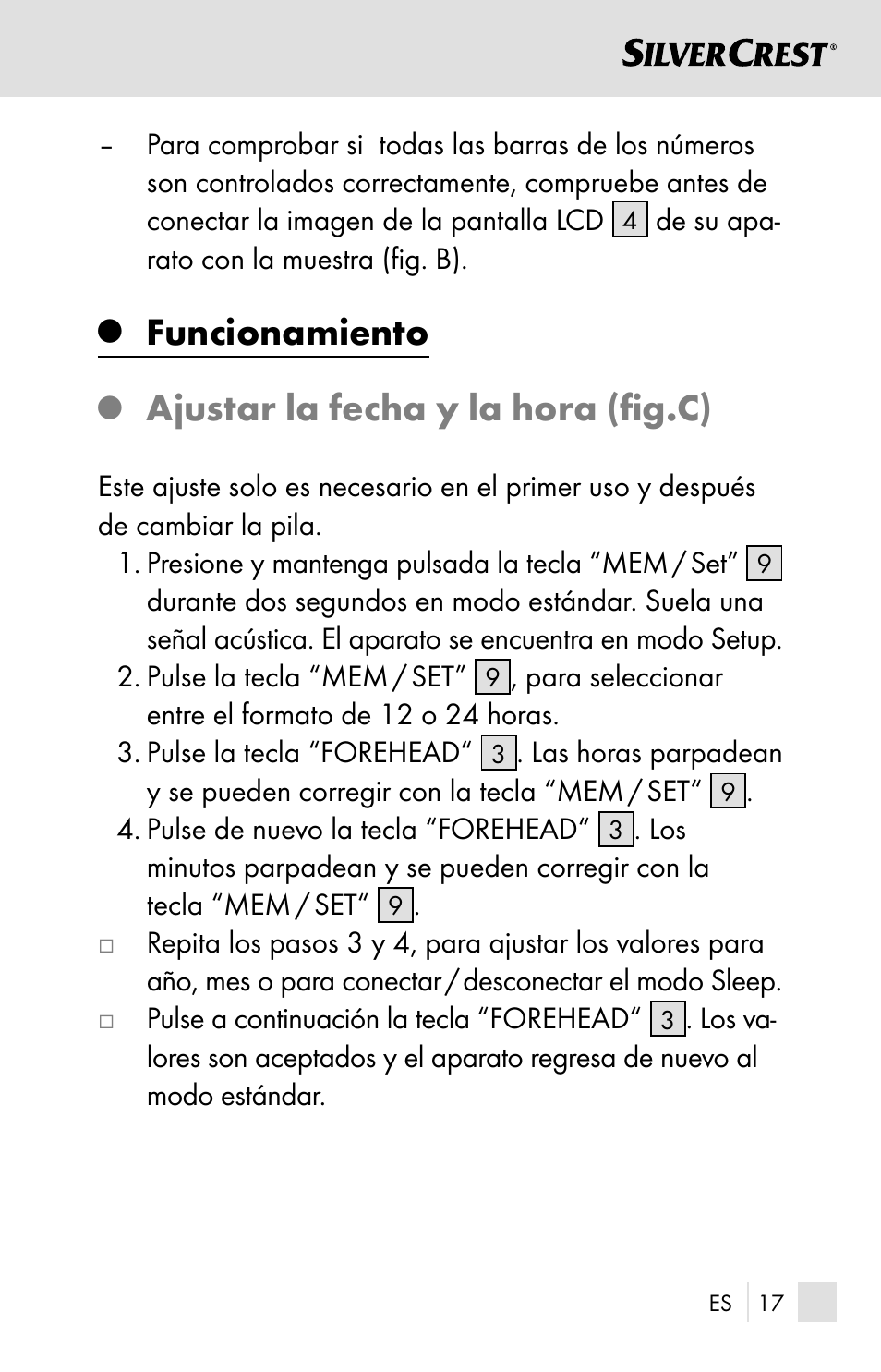 Funcionamiento, Ajustar la fecha y la hora (ﬁ g.c) | Silvercrest SSOT 6 B2 User Manual | Page 17 / 121