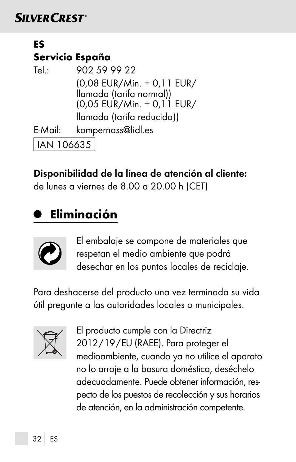 Eliminación | Silvercrest SSOT 6 B2 User Manual | Page 32 / 121