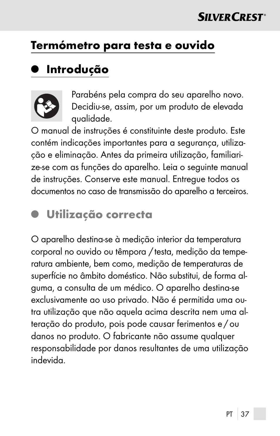 Termómetro para testa e ouvido, Introdução, Utilização correcta | Silvercrest SSOT 6 B2 User Manual | Page 37 / 121