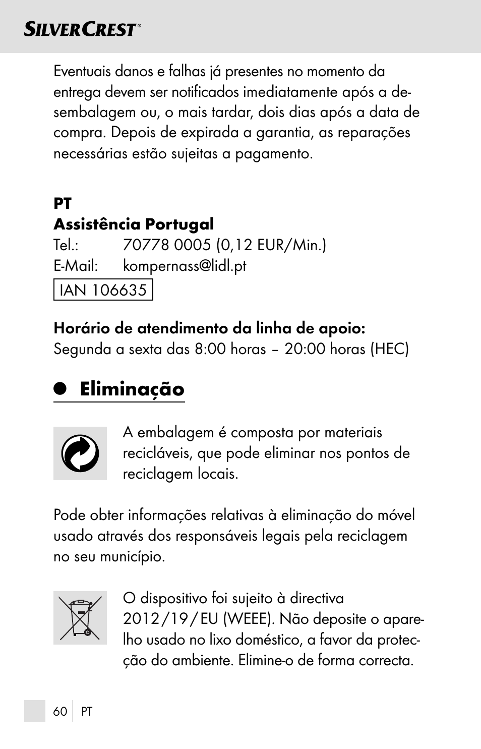 Eliminação | Silvercrest SSOT 6 B2 User Manual | Page 60 / 121