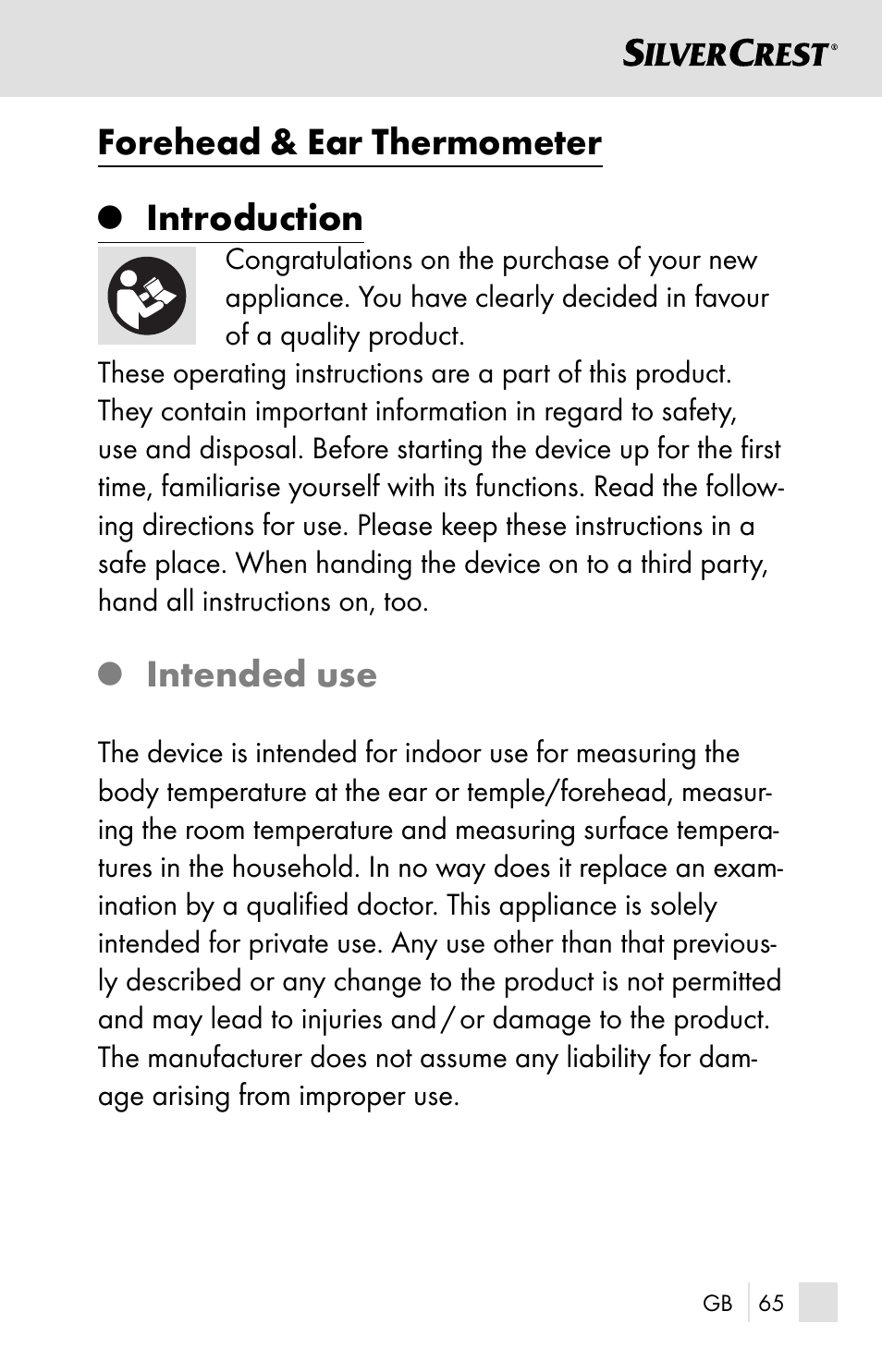 Forehead & ear thermometer, Introduction, Intended use | Silvercrest SSOT 6 B2 User Manual | Page 65 / 121