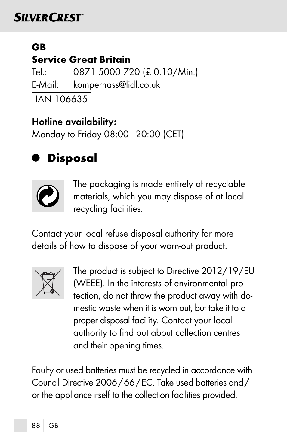 Disposal | Silvercrest SSOT 6 B2 User Manual | Page 88 / 121