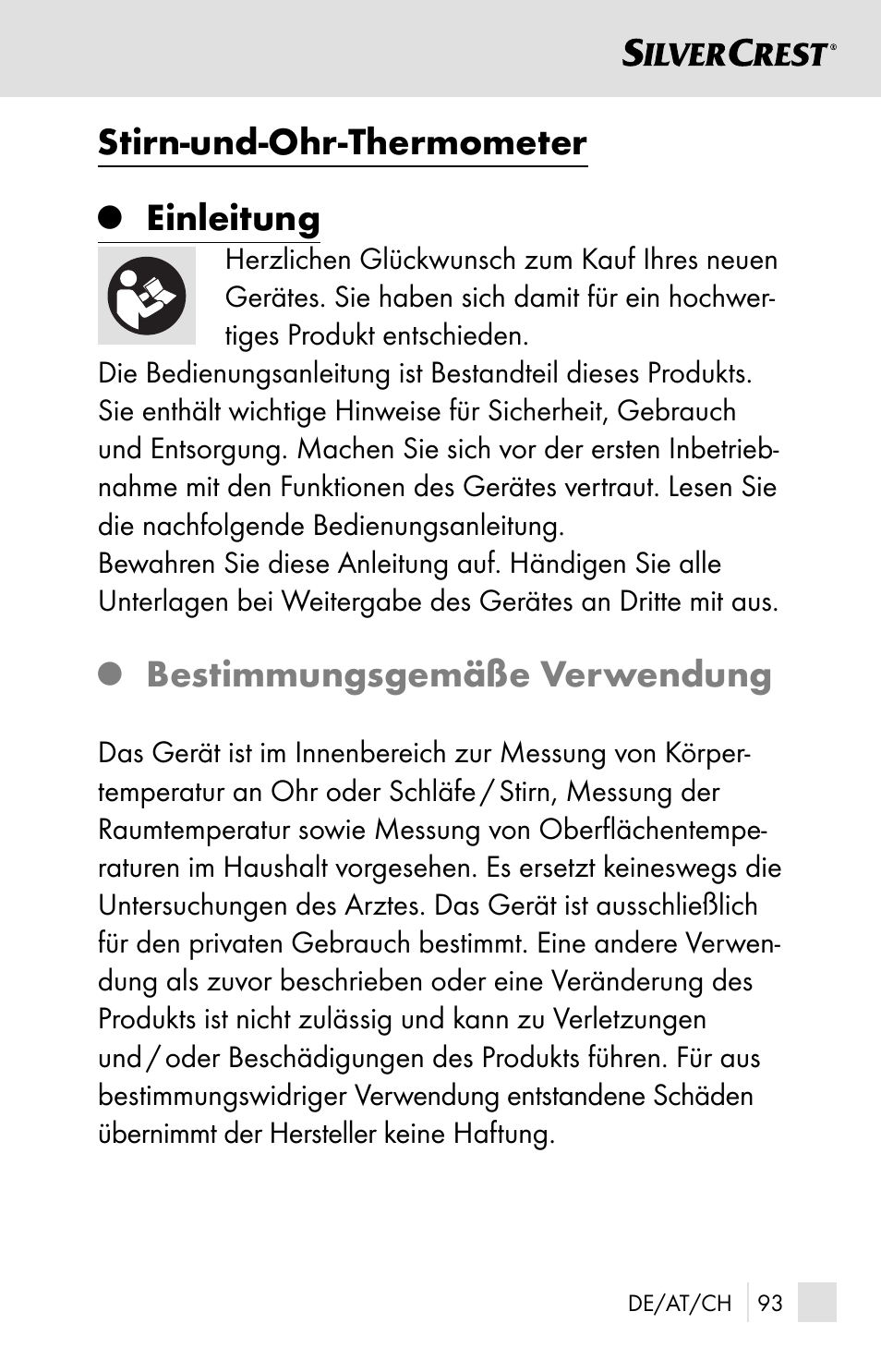 Stirn-und-ohr-thermometer, Einleitung, Bestimmungsgemäße verwendung | Silvercrest SSOT 6 B2 User Manual | Page 93 / 121