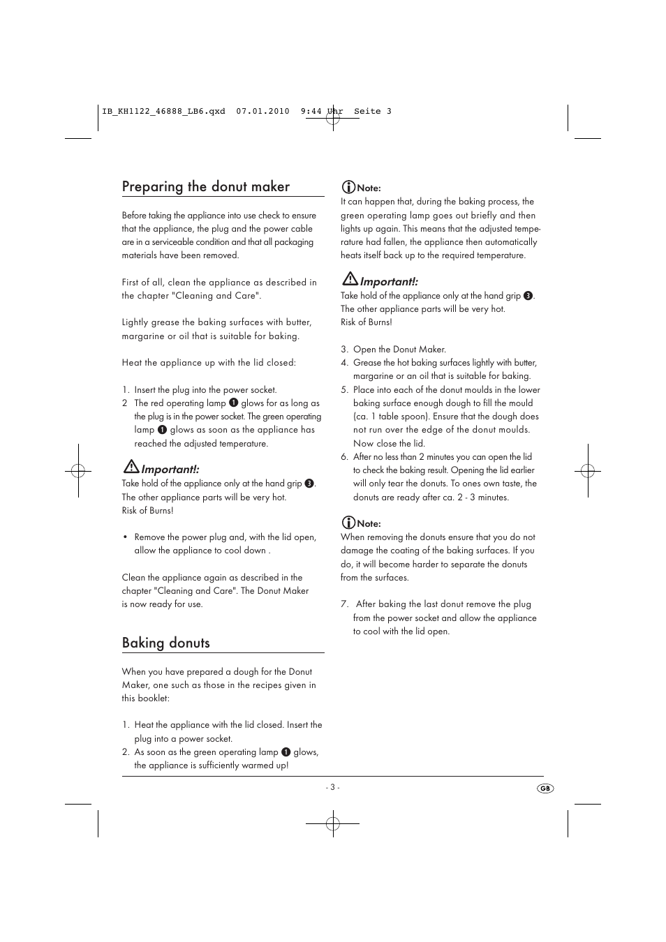 Preparing the donut maker, Baking donuts, Important | Silvercrest KH 1122 User Manual | Page 5 / 8