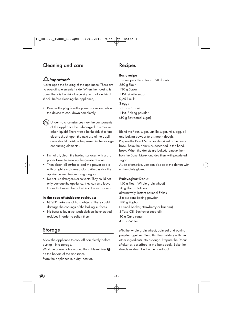 Cleaning and care, Storage, Recipes | Important | Silvercrest KH 1122 User Manual | Page 6 / 8