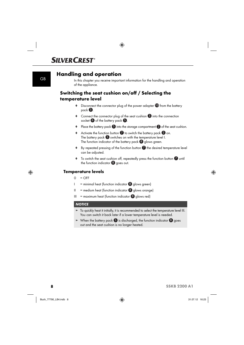 Handling and operation, Temperature levels | Silvercrest SSKB 2200 A1 User Manual | Page 11 / 40