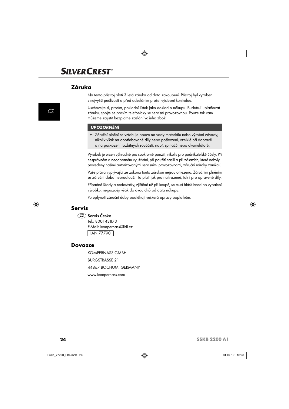 Záruka, Servis, Dovozce | Silvercrest SSKB 2200 A1 User Manual | Page 27 / 40