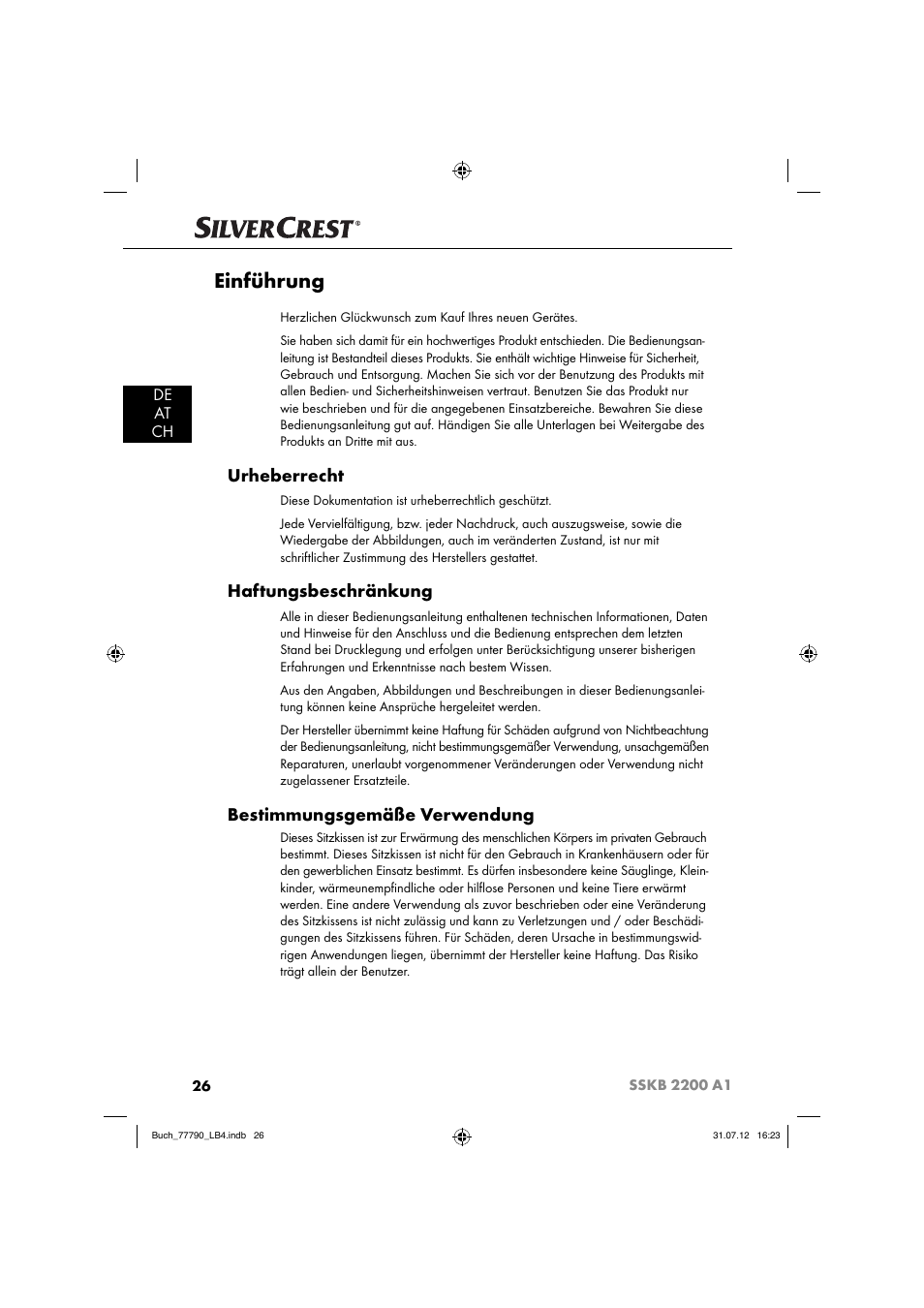 Einführung, Urheberrecht, Haftungsbeschränkung | Bestimmungsgemäße verwendung, De at ch | Silvercrest SSKB 2200 A1 User Manual | Page 29 / 40