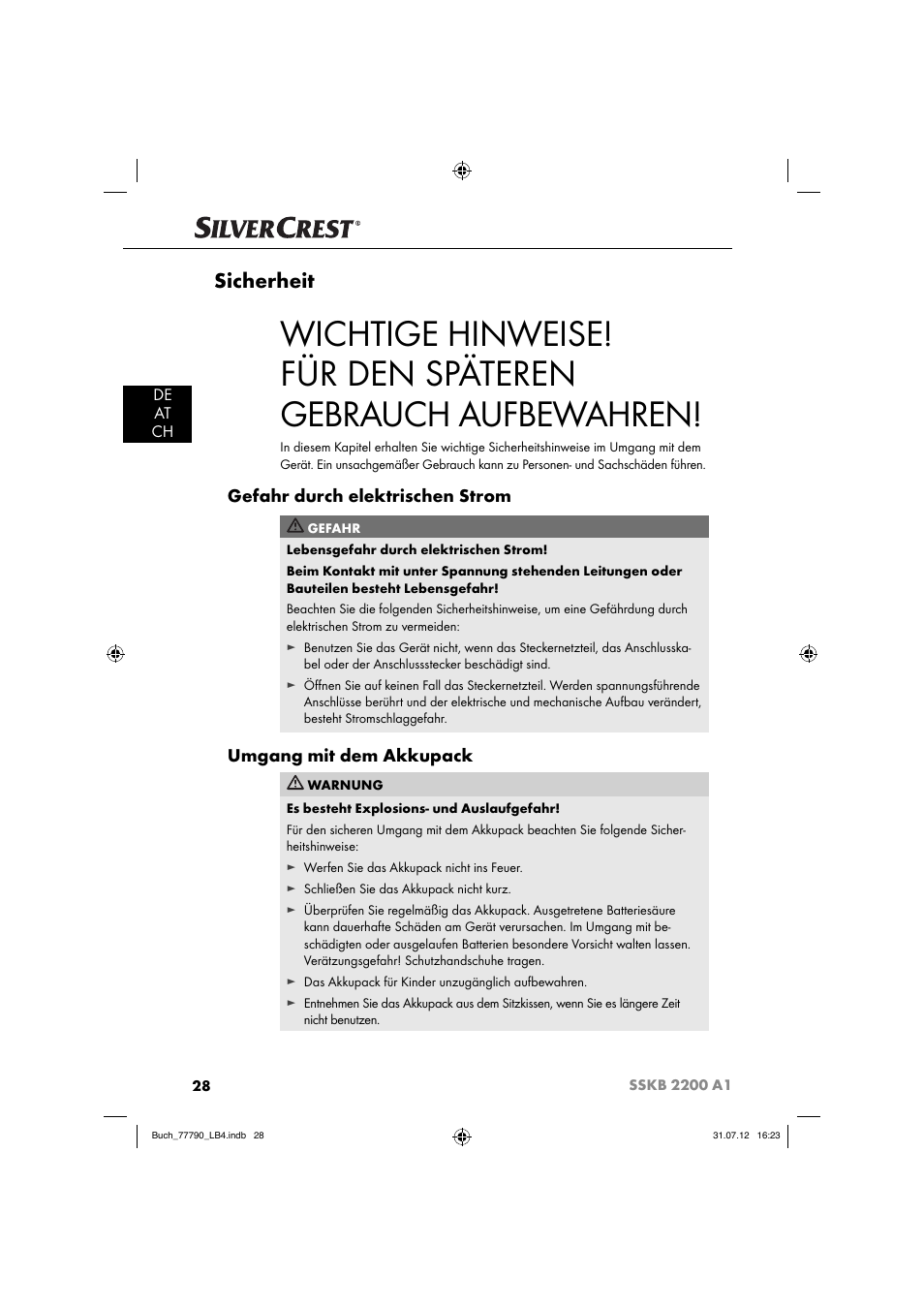 Sicherheit, Gefahr durch elektrischen strom, Umgang mit dem akkupack | De at ch | Silvercrest SSKB 2200 A1 User Manual | Page 31 / 40